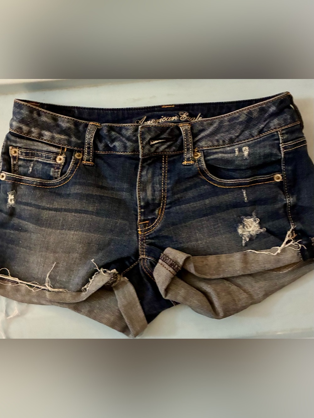 American Eagle Outfitters Dark Blue Distressed Cuffed Denim Shorts🌸